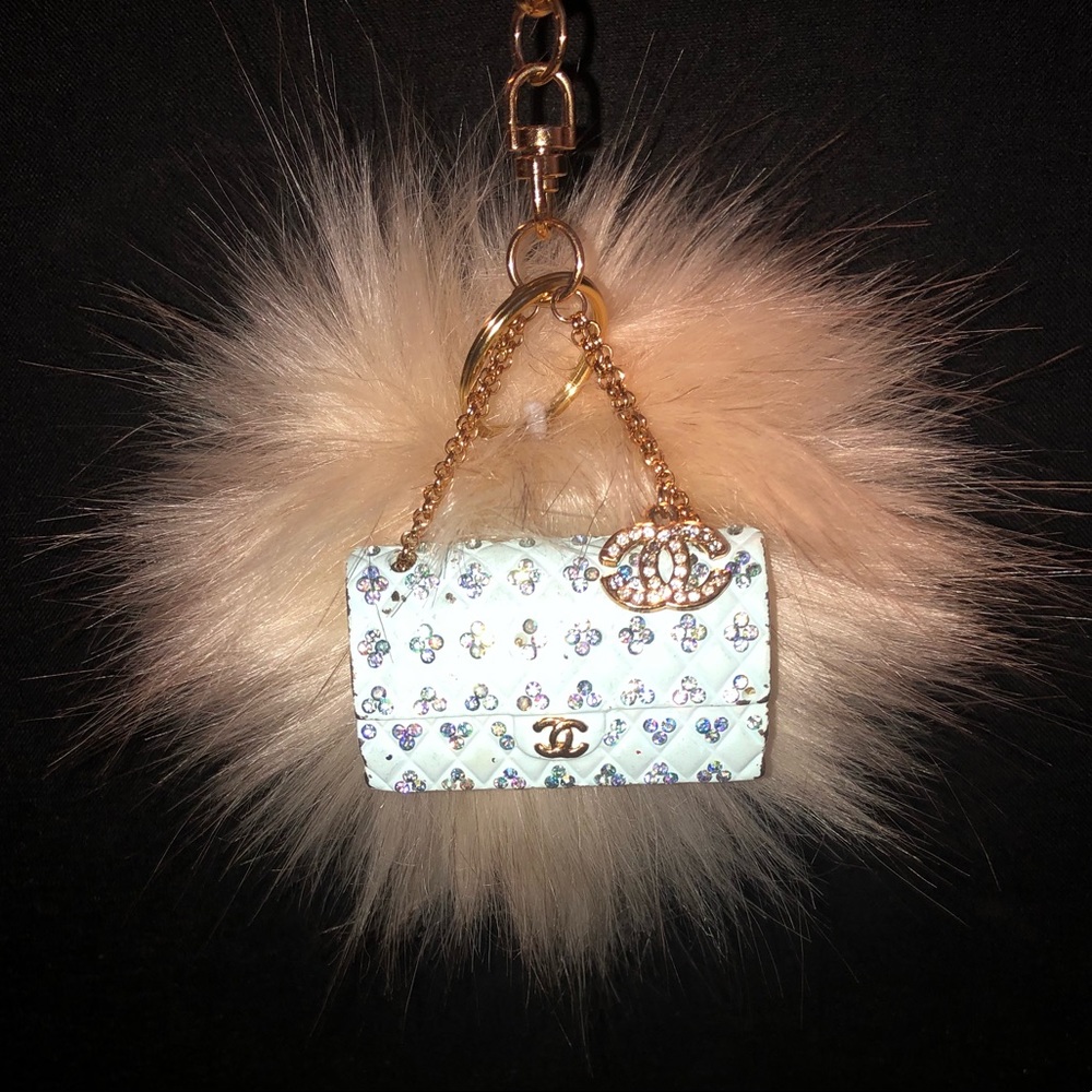 Fur pom pom keychain, purse keychain, Bag Charm